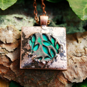Rustic copper pendant and necklace with stunning green foliage imprint