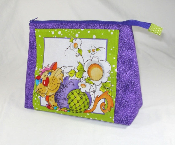 Loralie Designs Purple "Happy Cat"  Cosmetic Bag, Bridesmaid Gift, Holiday Gift, Toiletry Bag, Pencil Case, Travel Bag