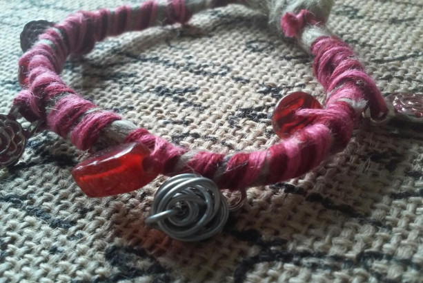 Wrapped Pink Rose Hemp Bracelet with Wire Rose
