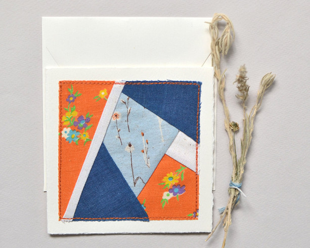 Modern quilt block card -- handmade fabric patchwork stitched to blank card