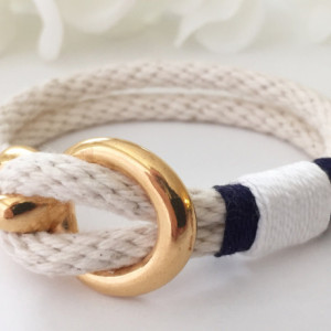 Natural White Rope Gold Open Hook Clasp Bracelet - Navy/White