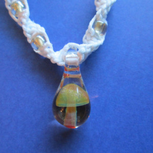 Handmade White Hemp Necklace with Awesome Hand Blown Glass Beige Mushroom Pendant and Matching Glass Beads