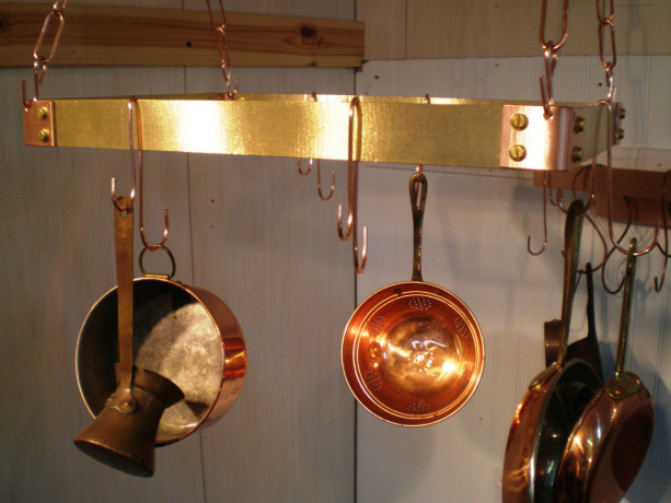 18" X 12"  X 1.5" Brass and Copper Hanging Pot Rack and 6 Double "J" hooks FREE U S Shipping Made in USA