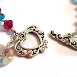 Crystal Heart Charm Bracelet, Capri Blue Fuchsia Bracelet, Sterling Silver Bracelet, Heart Toggle, Heart Charm, Colorful Bracelet, For Her