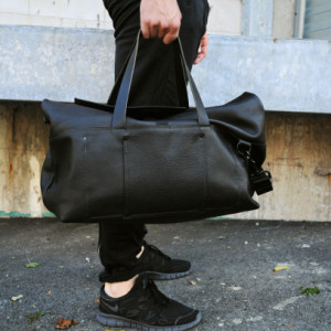 Black Leather Roll-Top Duffle Bag