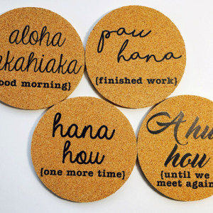Hawaii Phrases Coaster Set ~ Pau Hana ~ A Hui Hou ~ Aloha Kakahiaka ~ Hana Hou ~ Hawaii Coaster Set