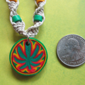 Handmade Natural Hemp Necklace with Awesome Clay Cannabis Leaf Pendant- Rasta Pendant- Rasta Beaded Necklace- Marijuana Leaf Hemp Necklace