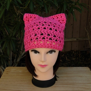 Hot Pink Pussy Cat Hat, Summer Lace PussyHat Lightweight Soft Acrylic Crochet Knit Solid Dark Neon Bright Pink Thin Spring Warm Weather Beanie, Ready to Ship in 2 Days