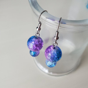 Handmade Crackle Glass Purple, Blue Dangle Drop Earrings