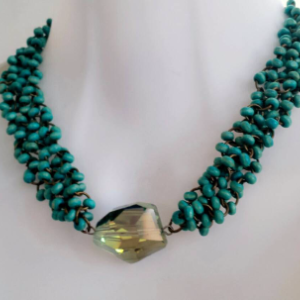 Turquoise Wooden Beads Necklace -Crystal Boho Bohemian