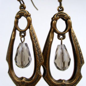 Lovely Smoky Crystal Drop Brass Earrings