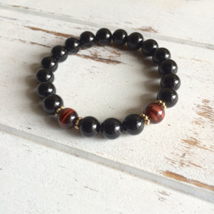 Genuine Black Onyx & Red Tiger's Eye Bracelet w/ Gold Accents~ Integrity, Protection and Willpower