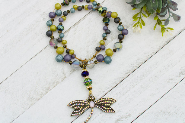 Dragonfly necklace, Dragonfly pendant, Aurora Borealis Necklace, Purple, Green, Blue Necklace