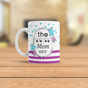 Best Mom Ever Coffee Mug with Purple Stripes with Blue Flowers and Polka Dots