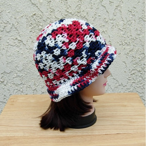 Red White and Blue Summer Beach Sun Hat, Patriotic 4th of July Cotton Lacy Women's Crochet Knit Beanie, Cap, with Brim, Ready to Ship in 3 Days