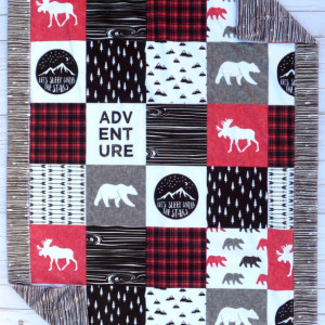 Bear Baby Blanket - Moose Baby Blanket - Designer Minky Baby Blanket - Woodland Baby Blanket - Gender Neutral - Black White Red