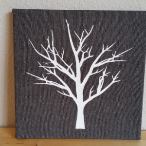 Screenprinted white tree on black and white textured fabric canvas wall art - authentic handmade - Black and White