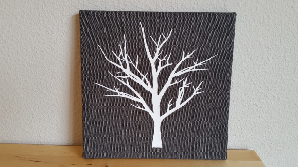 Screenprinted white tree on black and white textured fabric canvas wall art - authentic handmade - Black and White
