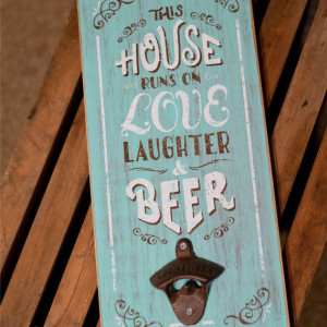 Wall Mounted Beer Bottle Opener - This House Runs On Love, Laughter, & Beer (Lt. Blue)