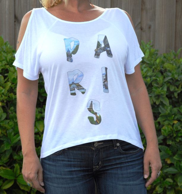 Handmade printed tee, t-shirt, top Paris photo word top with cold shoulder cutouts and a loose fit