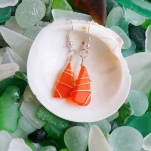 Orange sea glass earrings, orange sea glass jewelry, orange earrings, orange jewelry, sea glass, beach glass, wire wrapped earrings, silver