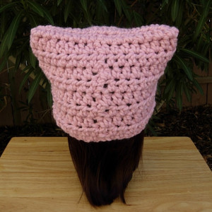 Light Pink Pussy Cat Hat with Ears, Handmade Soft Warm Wool Blend Winter Crochet Knit Solid Pale Pink Beanie, Ready to Ship in 3 Days