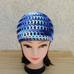 Blue, White, Purple Summer Beanie 100% Cotton Lacy Skull Cap, Women's Men's Crochet Knit Hat, Lightweight Chemo Cap, Ready to Ship in 3 Days