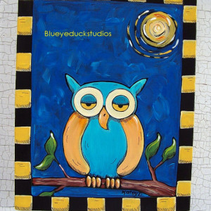 Starry Starry Night Owl Folk ART Painting on canvas Ready to Hang Whimsy
