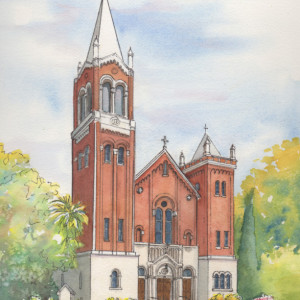 Wedding venue portrait in watercolor with ink detailing