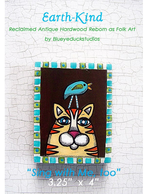 Original Art on Reclaimed Old Wood Cat and Bird Whimsy Ready to Hang