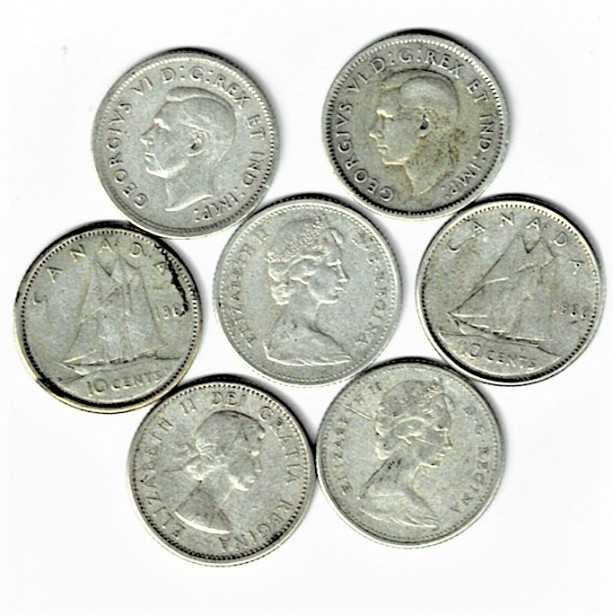 6 CANADAIN SIVER DIME IN AU CONDITION/ 2 KING GEORGE 5 QUEEN ELIZABETH / GREAT BUY