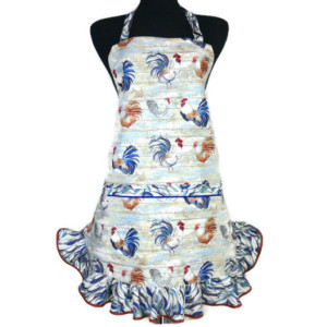 Rooster print kitchen apron for women, Farmhouse decor, with pocket and retro style ruffle