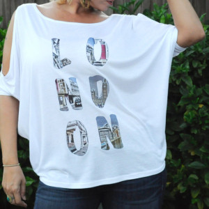 Handmade printed tee, t-shirt, top London photo word  with cold shoulder and boat neck