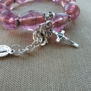 One Decade Rosary Bracelet of Pink Beads and Silver Findings