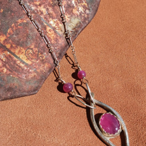 Hot Pink Ruby & Sterling Art Necklace