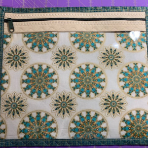 Cross Stitch/Embroidery Vinyl Project bag - Teal, Green, Gold & Beige Medallions by R. Kaufman