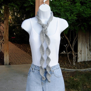 Women's Solid Light Silver Gray Grey Skinny SUMMER SCARF Small Soft Narrow Lightweight Twisted Crochet Necklace, Ready to Ship in 2 Days