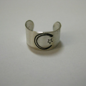 Crescent Moon and Star Sterling Silver Ear Cuff