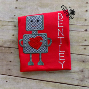 Valentines Day Boys Tshirt, Toddlers, Infants,Heart Robot, Hearts, Personalized, Embroidered, Appliqued
