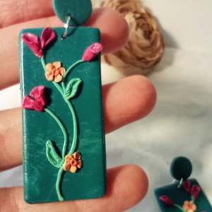 Polymer Clay Teal Floral rectangular post-style dangle earrings