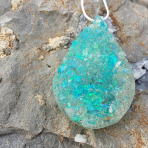 Blue Iridescent Druzy Crystal Resin and Glass Pendant