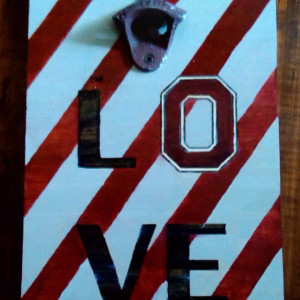 Ohio State Love Themed Open HereWall Mounted Bottle Opener in Scarlet and Grey