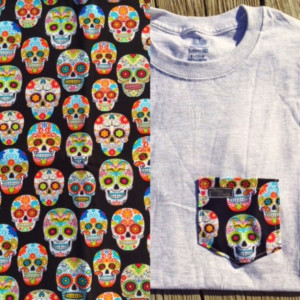 Multi-Colored Sugar Skull Day of the Dead Patterned Pocket Tee - Dia De Los Muertos Skeletons, Rainbow, Paisley, Flowers