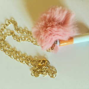 Fake Cigarette Butt and Pink Fur Pom Pom Gross Weird Harajuku Gold Chain Choker
