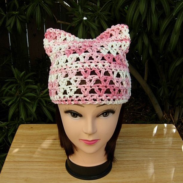 Women's Summer Pussy Cat Hat, Light Pink & White PussyHat, 100% Cotton Lightweight Lace Crochet Knit Thin Warm Weather Beanie, Ready to Ship in 2 Days