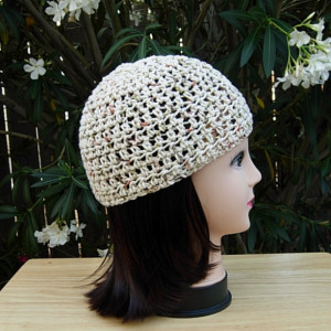 Light Natural Brown Summer Beanie, 100% Cotton Lacy Skull Cap Women's Crochet Knit Lightweight Hat, Beige Chemo Cap, Ready to Ship in 3 Days
