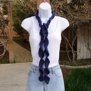 Solid Dark Denim Blue Skinny SUMMER SCARF Small Soft 100% Acrylic Spiral Knit Narrow Twisted Women's Long Neck Tie, Ready to Ship in 2 Days