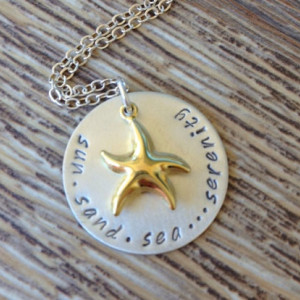 Hand Stamped Sun Sand Sea Serenity Sterling Silver necklace with Gold Starfish, Starfish, Beach Jewelry, Starfish Jewelry, Nautical Jewelry