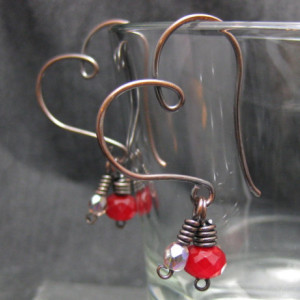 Heart Shaped Hoops - Copper wire, Czech Glass earrings