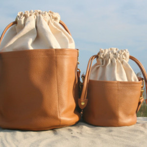 Large Ditty Bag in Amoré - Natural Canvas and Leather - Large Tote - Drawstring Bucket Bag by Beaudin